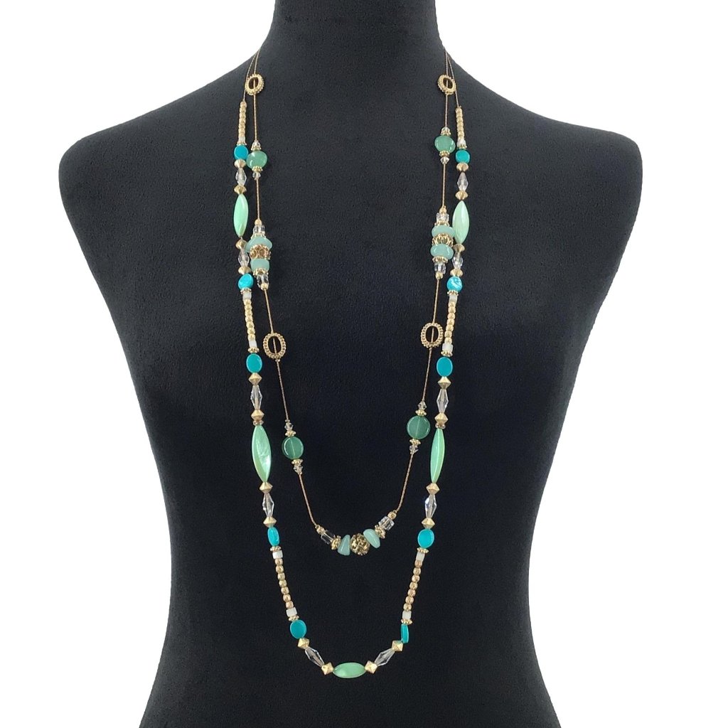 C1946 Necklace Double Strand Layered Beaded Gold Tone Blue Casual Work Wear Boho